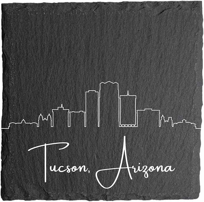 Blue Ridge Mountain Gifts - Tucson AZ Skyline Coasters, Set of 4 - Tucson Arizona Souvenir, Slate Coasters with Minimalist Skyline, Housewarming Gift for Friends, Family, & Neighbors