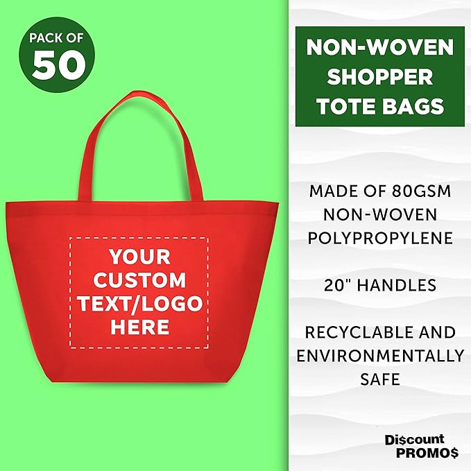DISCOUNT PROMOS Custom Southern Style Grocery Tote Bags Set of 50 - Personalized Bulk Pack, Reusable Grocery & Shopping Bags - Great for Travel, Business Promotions, July 4th - Red - 20"X13"X8"