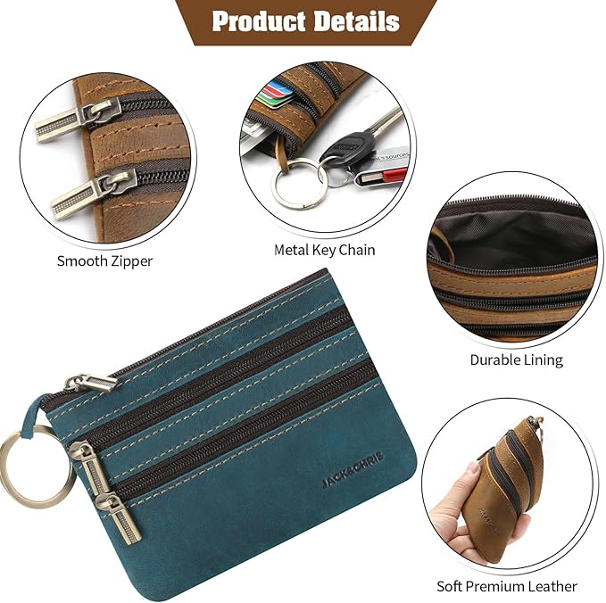 Jack&Chris Coin Purse Pouch for Men, Genuine Leather Coin Purse Zipper Pocket with Keychain Ring, Coin Bag for Men,JC301-Blue