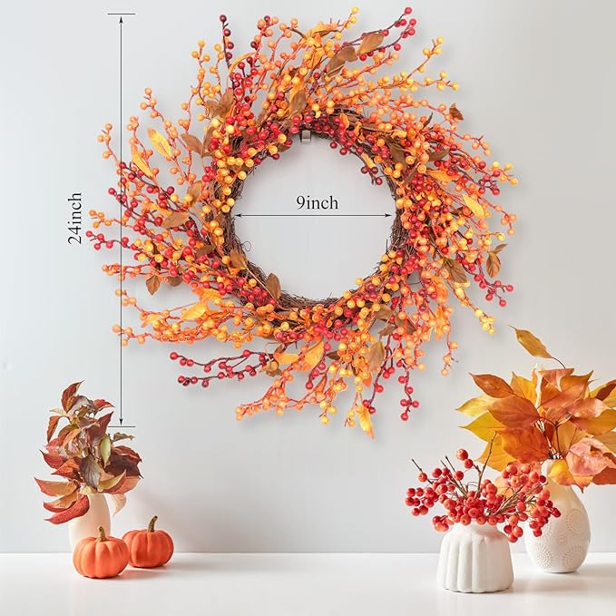24 Inch Fall Front Foor Wreath, Orange Berries Leaves Grapevine Wreath for Farmhouse Window Hanging Home Decor