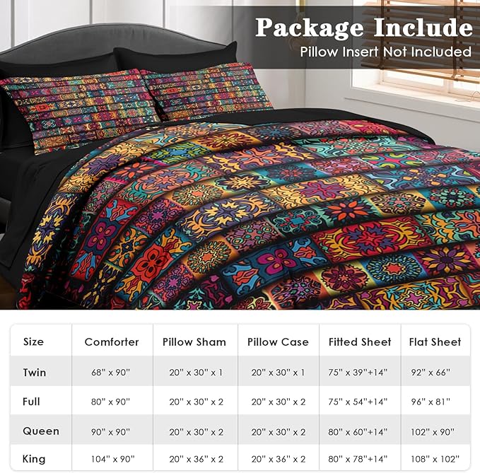 Comforter Set King Size, Colorful Vintage Floral 7 Pcs Bedding for Kids and Adults, Mandala Bohemian Flower Bed Sheet Sets with Fitted Sheet 2 Pillowcases & 2 Shams for Bedroom Bed Decor
