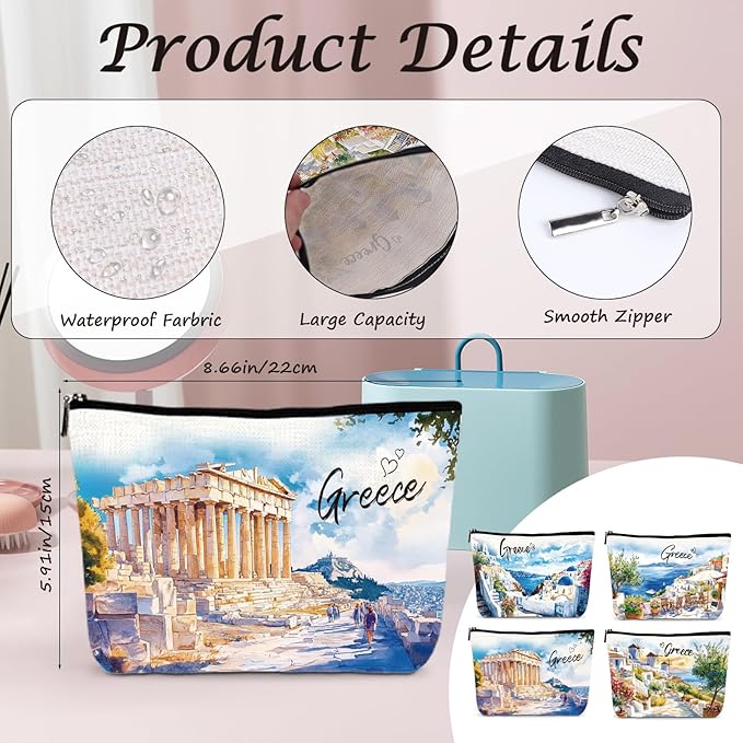 Greece Travel Souvenirs Gifts - 4Pcs Greece Travel Essentials Makeup Bags, Watercolor Greek Vacation Must Have Cosmetic Toiletry Bags with Zipper, Greek Gifts for Travelers Women Girls