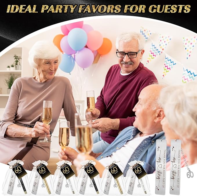 25 Sets Birthday Favors for Guests 25 Thanks for Coming Ballpoint Pens 25 Bookmarks 25 Cards with Organza Bag for Adult Birthday Anniversary Party Souvenir(Metal-60th)