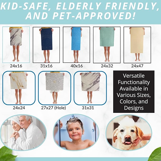 ENKOSI Loofah Non-Slip Shower and Bath Mat - Soft Cushioned Comfort - No Suction Cups for Smooth or Textured Tubs - Fast Draining - Safety for Bathroom, Family, Kids, and Elderly (24x16 Blue)