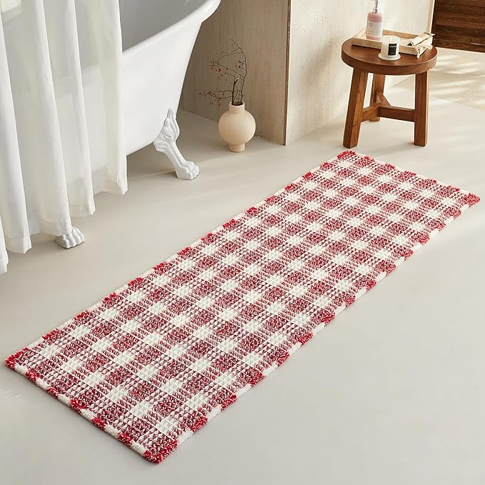 Waffle Runner Rug Bathroom, Long Boho Christmas Bathroom Rugs Non Slip Washable Absorbent Checkered Bathroom Mat Quick Dry Cute Bath Mat, 72"x24" Red and White