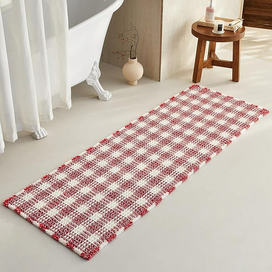 Waffle Runner Rug Bathroom, Long Boho Christmas Bathroom Rugs Non Slip Washable Absorbent Checkered Bathroom Mat Quick Dry Cute Bath Mat, 72"x24" Red and White