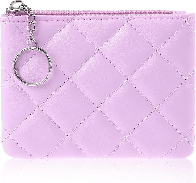 Real Leather Coin Purse with Rhombus Embroidery Zipper Keychain Mini Wallet for Women & Men (Purple)