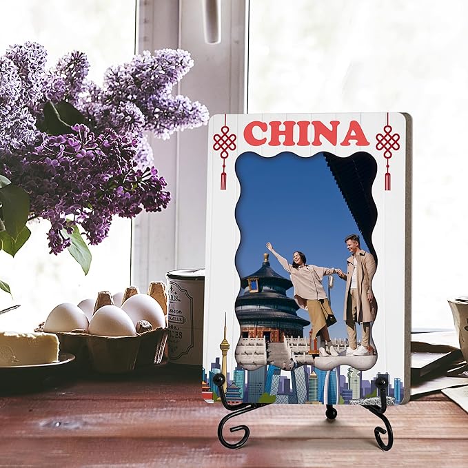 China Souvenir Gifts for Women Men, Travel Photo Frame Gifts for Family Friends, Honeymoon Present of Newlyweds Couples, Wooden Photo Frame with Stand, Home Office Desk Decor-C04