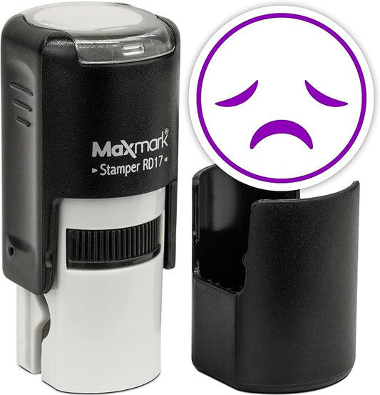 MaxMark Round Self Inking Emoji Stamp - Sad - Purple Ink
