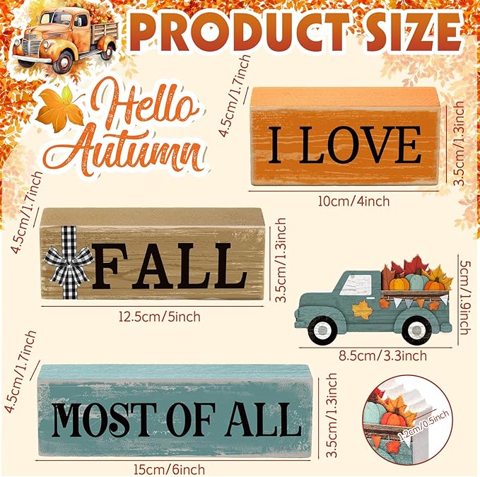 4 Pcs Thanksgiving Decoration for Home Fall Truck Decor Fall Tiered Tray Decor Rustic Wooden Truck Block Sign Gift Thanksgiving Centerpiece Autumn Table Decorations for Harvest Party Kitchen Home