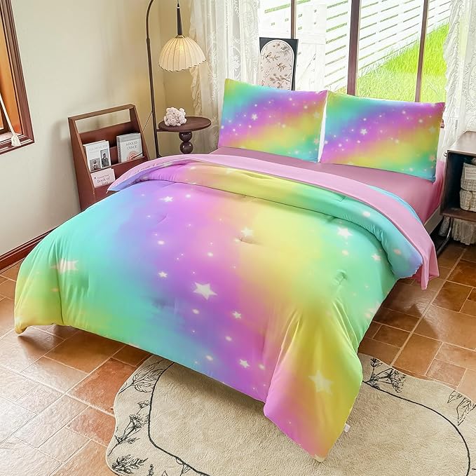 Rainbow Bedding Set Full Size – 5 Piece Reversible Girls Comforter with Deep-Pocket Sheet, Gradient Galaxy Design, Whole-Piece Filling, Machine Washable Bed-in-a-Bag for Kids Room Makeover & Gifts