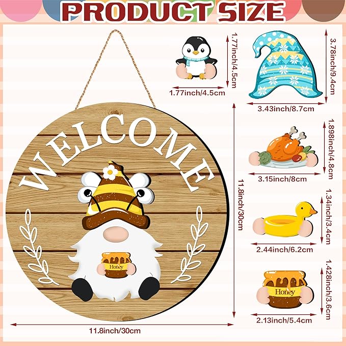 Veluckin Seasonal Gnome Wall Decor Set, 11.8 inch Autumn Wooden Round Sign with Interchangeable Holiday Hats, Thanksgiving Welcome Door Hanging (Light brown-3)
