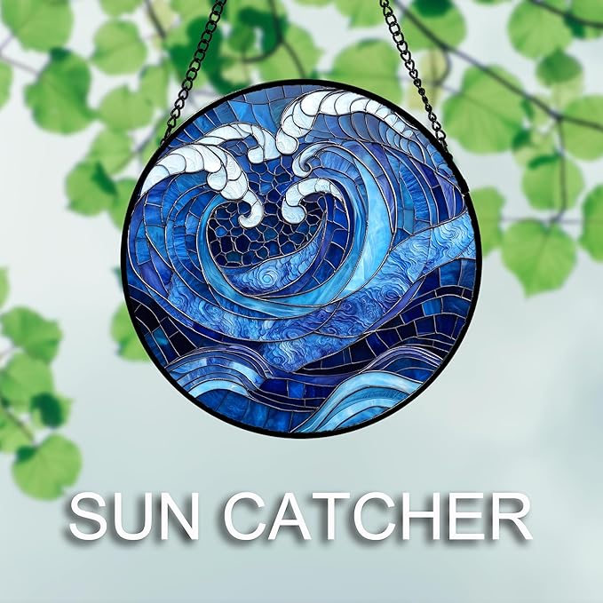 Stained Glass Window Hanging 4 Pcs Set Blue Ocean Waves Large 11.8" - Starfish Crab Seal Suncatcher Door Garden Sun Catcher Decor Birthday for Mom Woman Nana Men Friend