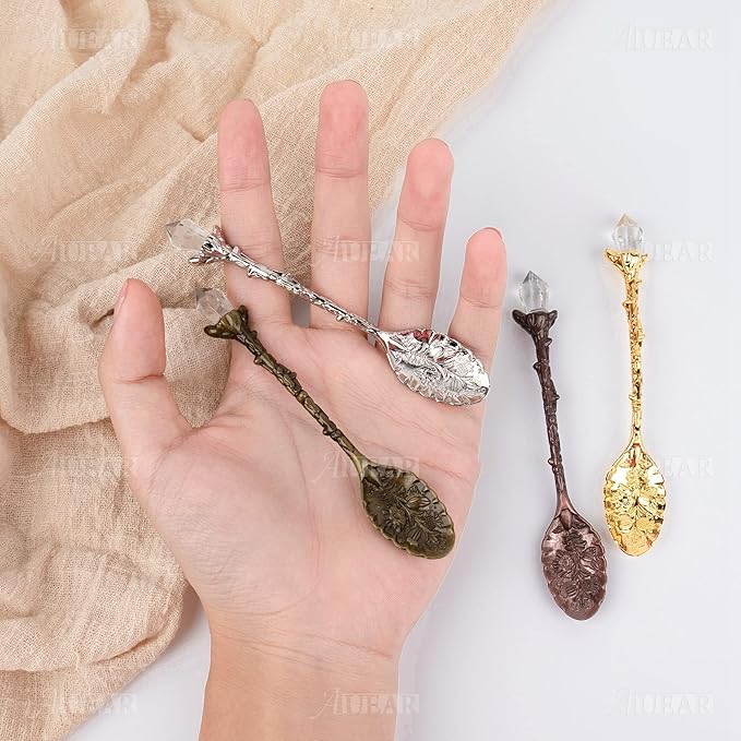AUEAR, 4 Pack Retro Coffee Tea Crystal Spoon Antique Alloy Carved Spoons for Tableware 4 Colors