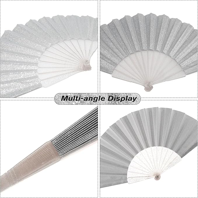 48 Pack Handheld Fan,Folding Hand Glitter fan with Shining Transparent Fan Rib – Ideal for Wedding, Church, Festival, Dance, Tea Party, Club, and EDM Accessories, Silvery