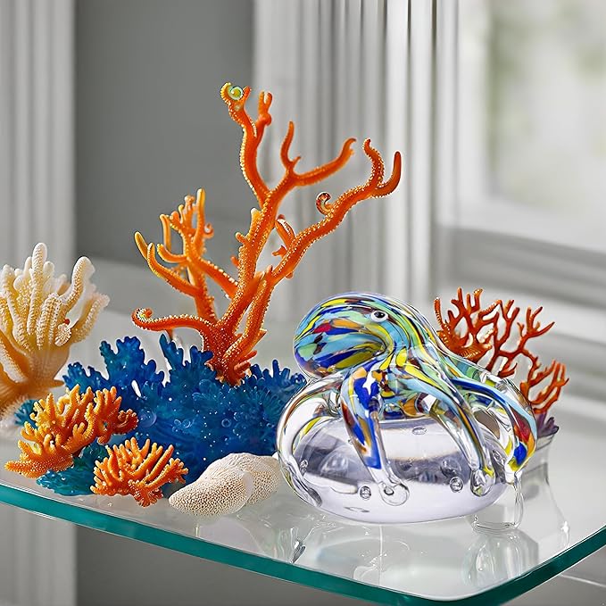Hand Blown Art Glass Octopus Figurine on Crystal Ball | Handmade Sea Creature Collectible, Ocean Theme Desk Paperweight & Aquarium Decor (Turquoise)