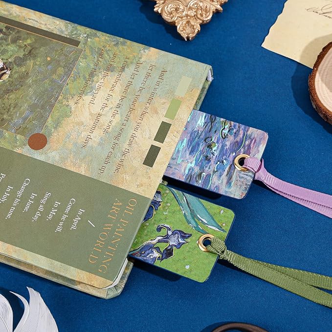 2Pcs Oil Painting Bookmarks for Women, Bookmarks Set for Book Lover, Book Marks for Reading, Vintage Book Marks for Kids Students Classroom Gift for Teacher Iris & Water Lily