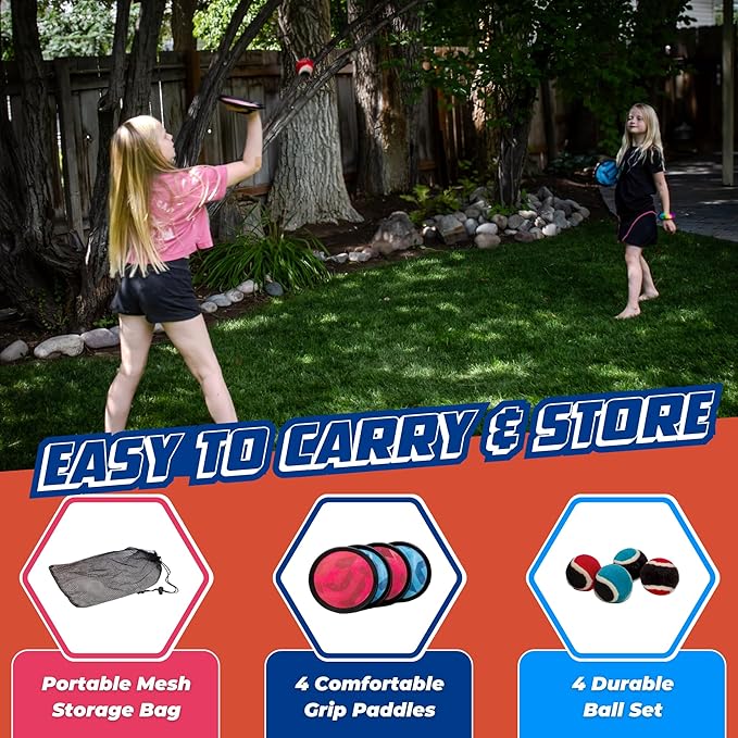 Toss and Catch Ball Set - Modern Ball and Catch Game with 4 Paddles and 4 Balls. Toss and Catch Game for Beach with Mesh Storage Bag - Durable Modern Design