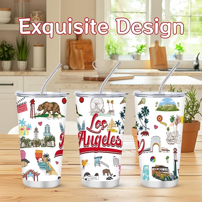 Keluna Los Angeles Souvenirs Gifts - 20Oz Stainless Steel Los Angeles Travel Mug with Lids Straw Brush Insulated, California City Travel Trip Birthday Christmas Mothers Day Gifts for Friend Family