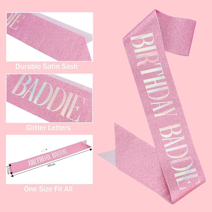 Canitor Birthday Baddie Sash Crown Set Birthday Gifts Party Favors Supplies Decorations & Accessories for Women Girl Adult Outfits Rhinestone Tiara Headband Soft Satin Sash