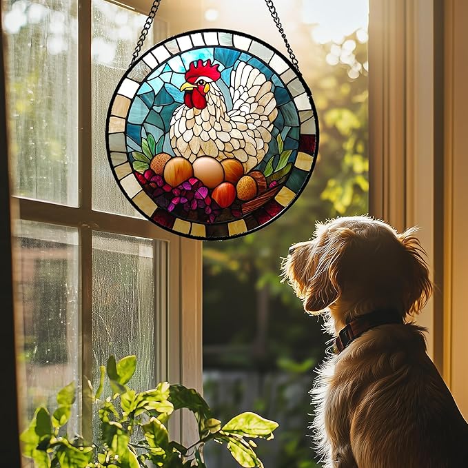 Stained Glass Window Hanging White Chicken Hatching Eggs 9.8" - Suncatcher Door Garden Sunroom Sun Catcher Home Decor Birthday Christmas for Mom Men Woman Nana