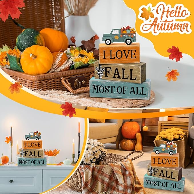 4 Pcs Thanksgiving Decoration for Home Fall Truck Decor Fall Tiered Tray Decor Rustic Wooden Truck Block Sign Gift Thanksgiving Centerpiece Autumn Table Decorations for Harvest Party Kitchen Home