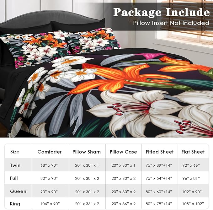 Comforter Set Queen Size, Tropical Leaves Flower 7 Pcs Bedding for Kids and Adults, Floral Hawaii Hibiscus Bed Sheet Sets with Fitted Sheet 2 Pillowcases & 2 Shams for Bedroom Bed Decor