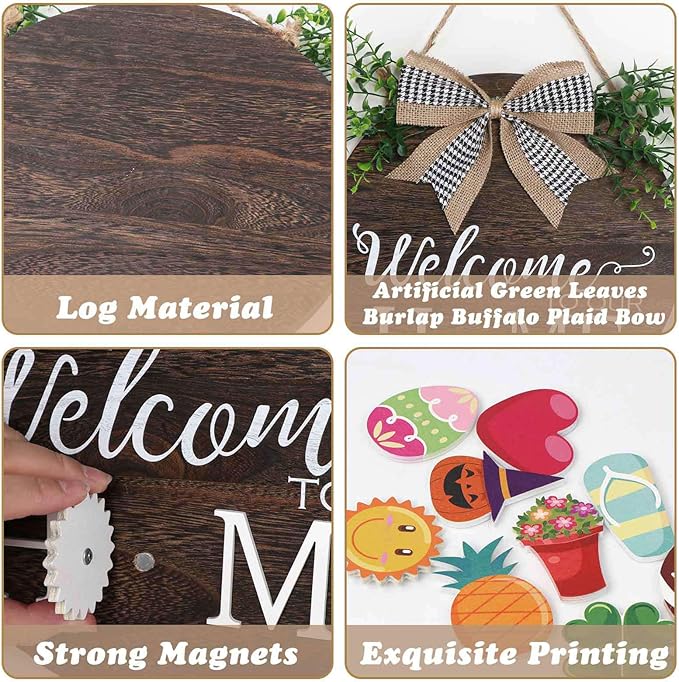 Interchangeable Welcome to Our Home Sign, Equipped with 16 Replaceable Icons, Farmhouse Front Door Signs Wooden Wreath Suitable for All Seasons Holiday Halloween Christmas (12x12 Inch)