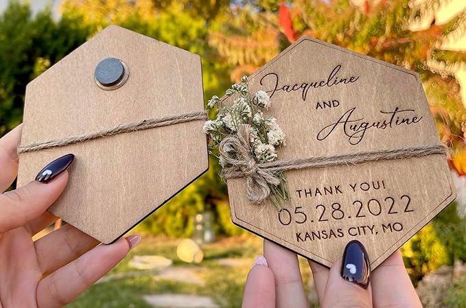 Wooden-Floral Personalized Wedding Favors for Guests, Wedding Party Favors Magnets with Envelopes and Stickers, Pack of 12 to 300
