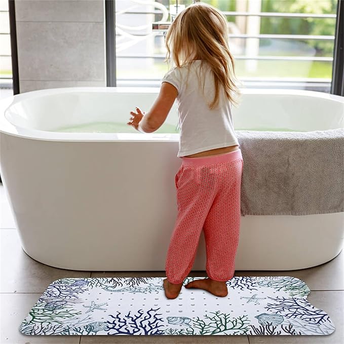 Seahorse Bathtub Mat Non Slip for Kids 40x16in Extra Long Anti Slip Bath Mat for Tub Abstract Bath Shower Mat with Large Drain Holes and Suction Cups Quality Honeycomb Design Bathroom Decor