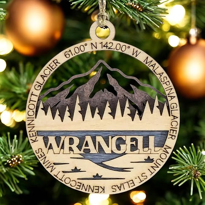 Wrangell National Park 3" Wood Ornament - Laser Cut Alaska Scene with Malaspina Glacier - Handmade Decor Made in USA
