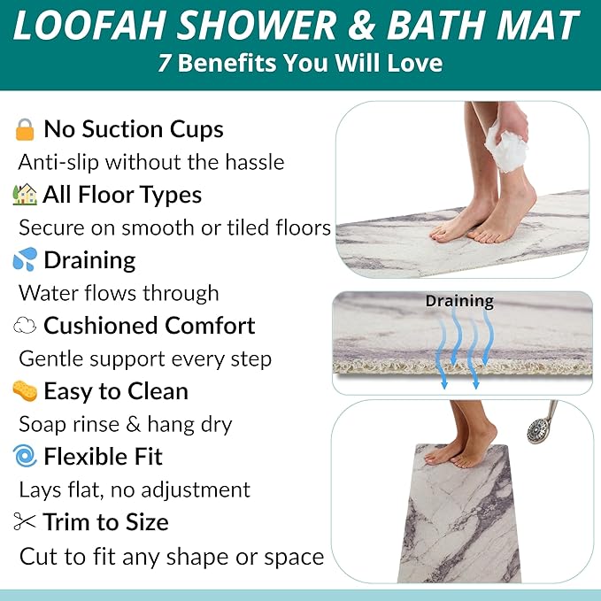 Non Slip Bathtub Mat Shower Mat for Tub - Loofah Bath Mats for Bathroom - 31x16 Bathtub Floor Mat - Textured Anti Slip Bath Mat Without Suction Cups - Secure Mat for Wet Areas (31x16 Marble Gray)