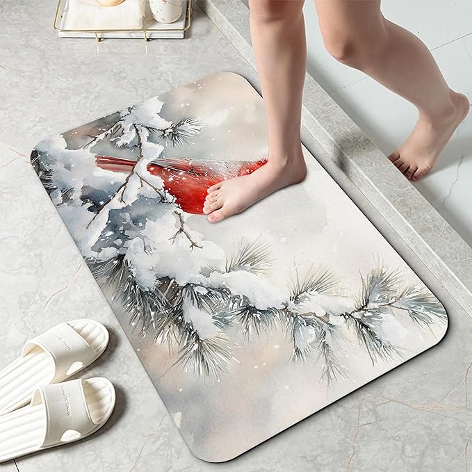 Cardinal Bird Bathroom Rug 29.5"x17", Winter Flowers Quick-Drying Super Absorbent Diatomite Bath Mat with Non-Slip Backing, Thin Washable Bathroom Floor Mat Fits Under Door for Shower, Sink, or Tub