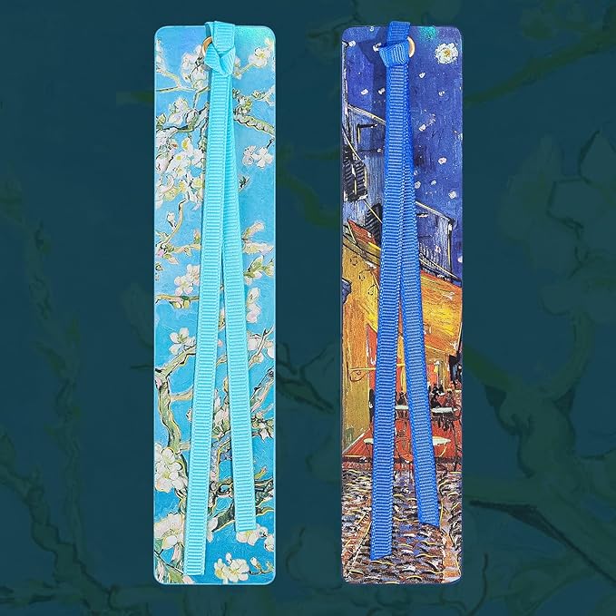 2Pcs Oil Painting Bookmarks for Women, Bookmarks Set for Book Lover, Book Marks for Reading, Vintage Book Marks for Kids Students Classroom Gift for Teacher Night Cafe & Apricot Blossoms