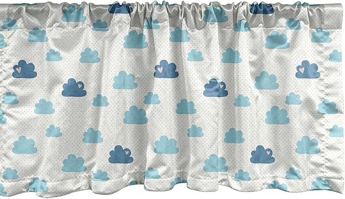 Ambesonne Clouds Window Valance Pack of 2, Repetitive Hearts Polka Dots Cumulus Simplistic Cartoon, Rod Pocket Curtain Valances for Kitchen Bedroom, 42" X 18", Pale Sky Blue Blue Grey