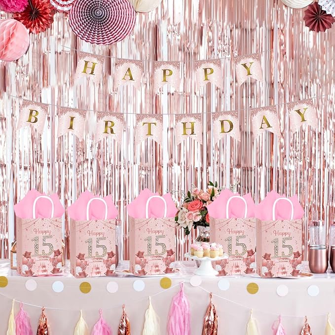 50Pcs 15th Birthday Party Favors Gift Bags Bulk, Black and Gold Happy 15th Gift Candy Wrap Bags with Tissue Paper, Vintage 15th Birthday Decorations Souvenir Bag for Men Women Anniversary Supplies (15th)