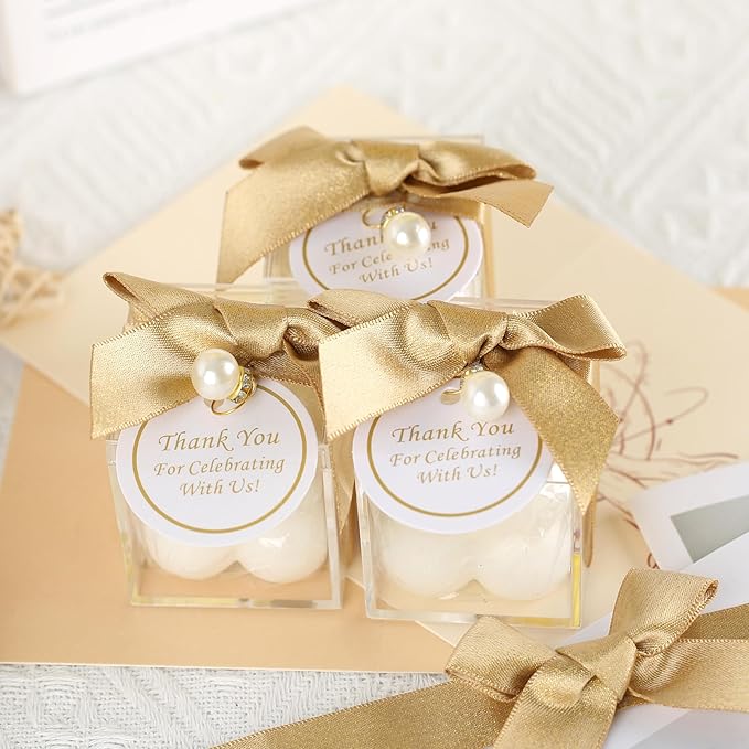 ACITHGL 30 Sets Fully Assembled Small Bubble Candle Party Favors for Guests Bulk Bridal Showers Favors Candles with Stylish Ribbons Thank You Cards Gifts (Gold)