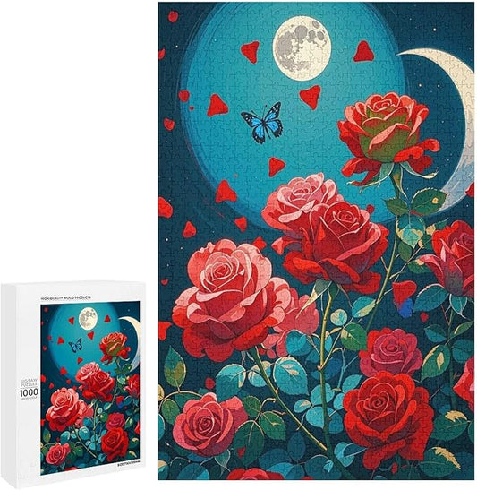 Jigsaw Puzzles for Adults 1000 Piece - Butterfly Red Rose Garden Wooden Puzzles, Puzzle Games, Stress Relief Games, Funny Puzzles，Unique Gifts for Wall Art，Family Puzzles