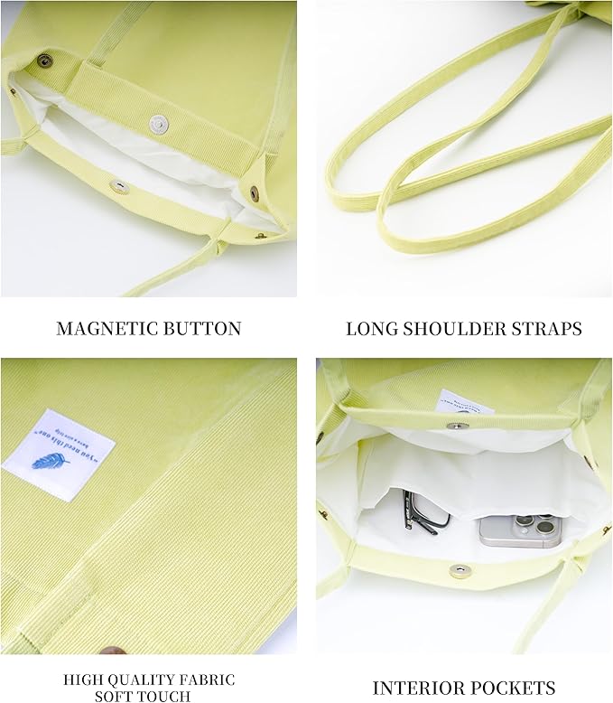 Corduroy Tote Bag Cute Tote Bags for Women Shoulder Bag with Inner Pocket for Work Beach Travel and Shopping Grocery