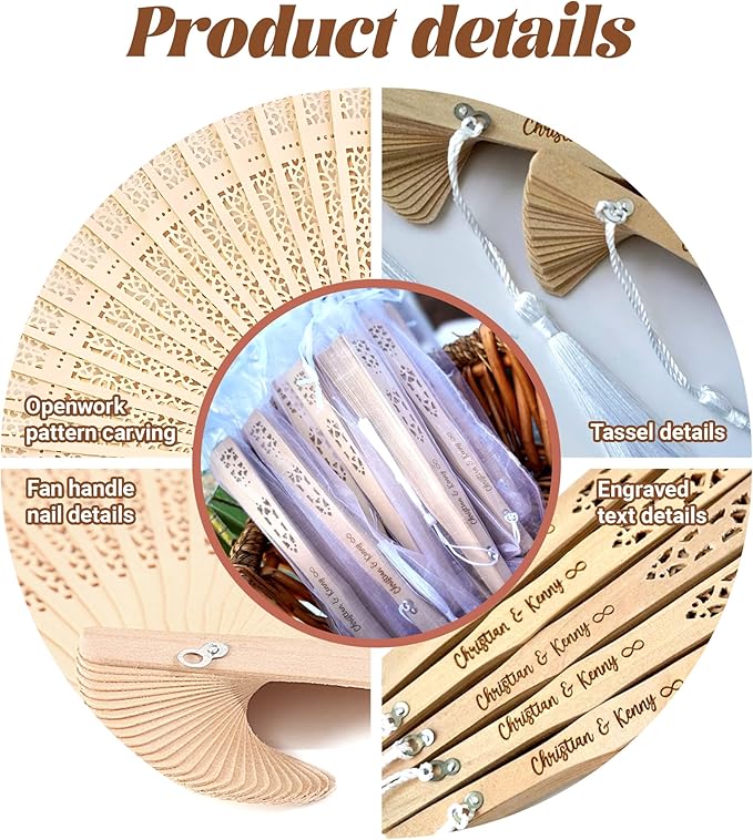 100 Pcs Personalized Sandalwood Wood Handheld Folding Fans with Organza Bags Wedding Fans Custom Name Text Icon Gift for Wedding Graduation Party Guests Baby Shower (100)
