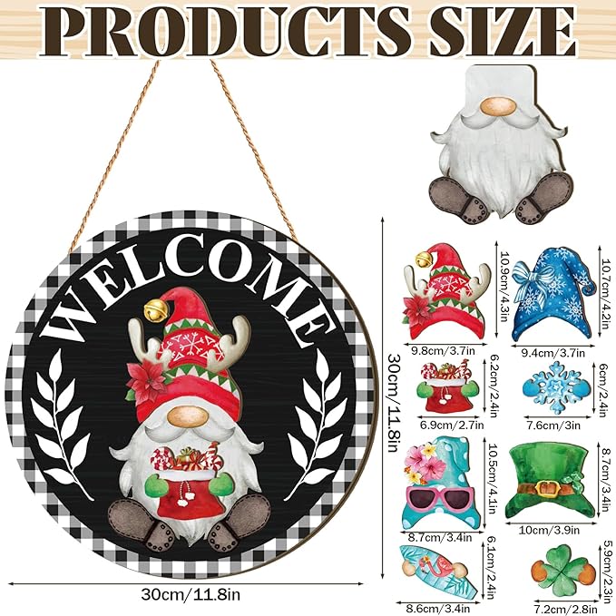 Qunclay Interchangeable Wooden Gnome Decor Holiday Seasonal Gnome Decorations with Magnet Pieces and Detachable Hats Changeable Welcome Sign for Home (Black Watercolor)