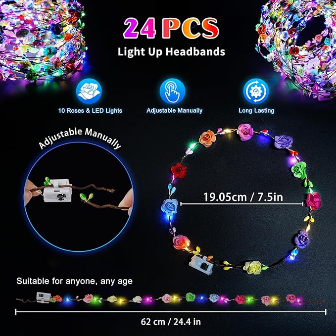 Valentines Day Gifts, 24 PCS LED New Year Flower Crowns Headbands, Light Up Flower Crowns for Women & Girls, Glow in The Dark Flower Hairbands Wreath for Wedding Beach Party Birthday Cosplay Gifts