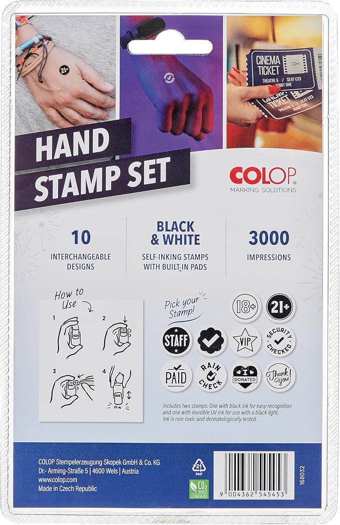 COLOP Printer R17 Event Hand Stamp Set with UV Ink, Special Event Supplies, Multiple Designs, Self-Inking, 10 Designs, 2 Stamps, Perfect for Festivals, Concerts, Bars