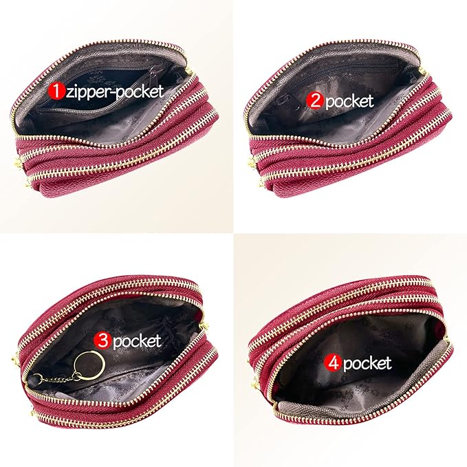 LINNO 3 Zippered Genuine Leather Coin Purse Triple Capacity Change Pouch Little Travel Wallet With Key Ring for Women