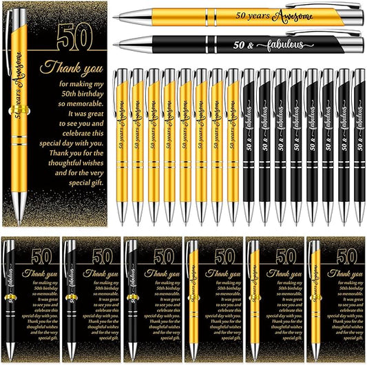 25 Sets 50th Birthday Party Favors for Guests with Golden Birthday Ballpoint Pens and Thank You Cards for Men Women Anniversary Wedding New Year Gifts