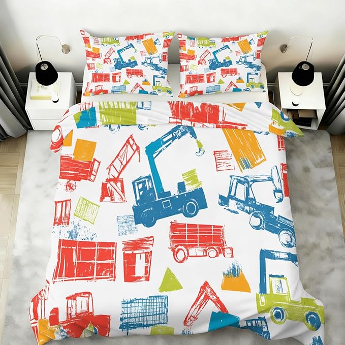 Crane Truck Duvet Cover Queen Size Graffiti Construction Vehicles Bedding Set Machinery Truck Cars Comforter Set Kids Engineering-Themed Quilt Cover Soft Microfiber for Bedroom