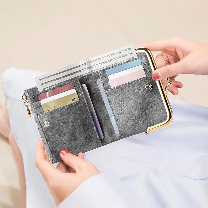 Wallet Women Small RFID Blocking Bifold Leather Wallets for Women Vintage Coin Purse With Zipper and Kiss Lock