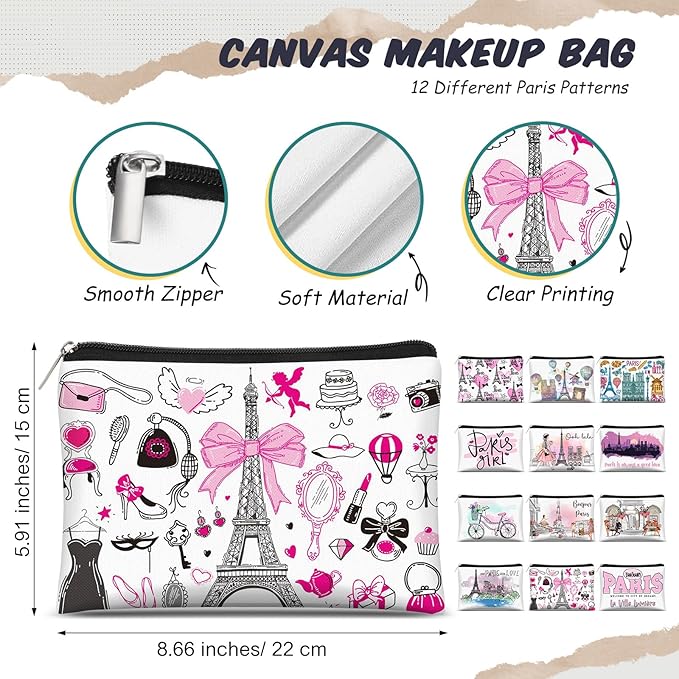 Reginary 12 Pcs City Souvenir Gifts Texas State Gifts Chicago City Souvenirs California Makeup Bag Paris San Francisco Alaska Zippered Cosmetic Bag for Women Traveler Souvenirs(Paris)