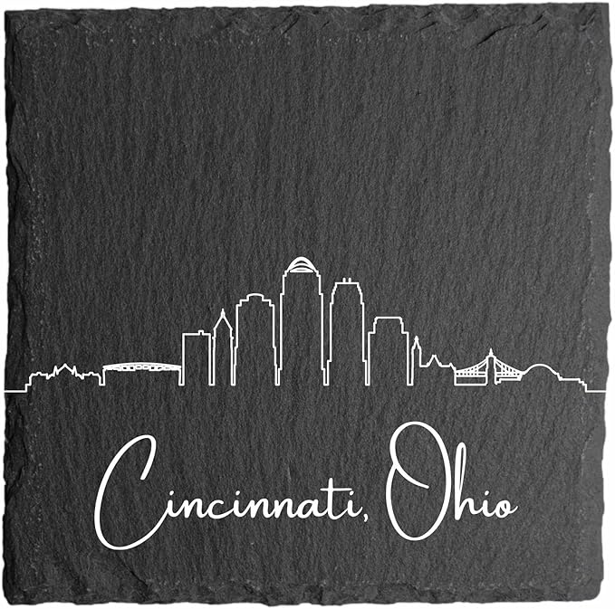 Blue Ridge Mountain Gifts - Cincinnati OH Skyline Coasters, Set of 4 - Cincinnati Ohio Souvenir, Slate Coasters with Minimalist Skyline, Housewarming Gift for Friends, Family, & Neighbors