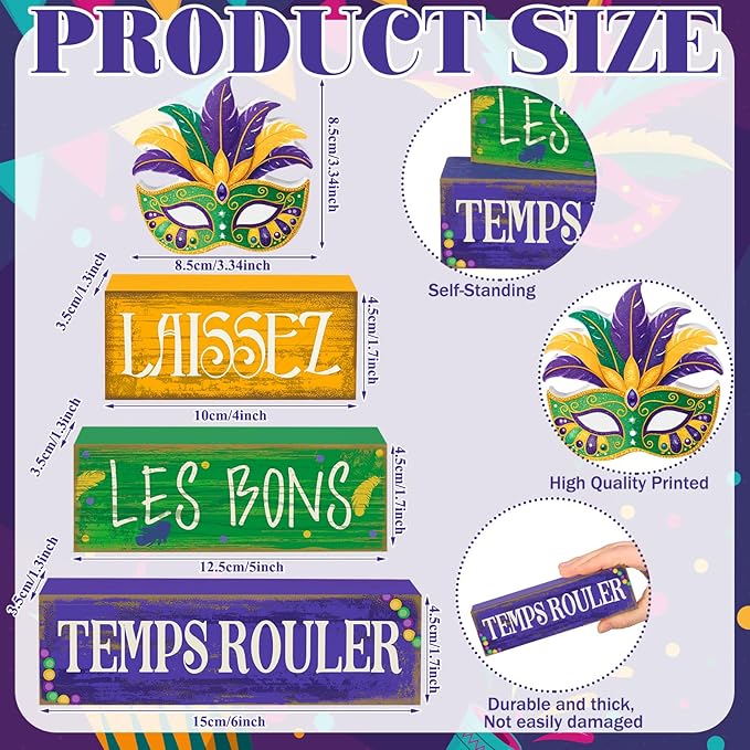 4 Pcs Mardi Gras Wooden Tabletop Decor Tiered Tray Decor Centerpiece Rustic Decorative Block Signs Gift Farmhouse Table Decoration for Home Kitchen